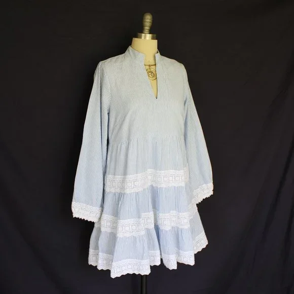 Sail to sable charlotte dress blue stripe Seersucker crochet lace tiered tunic - Picture 2 of 10
